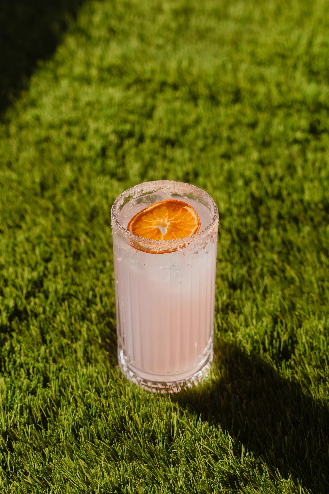 Pink cocktail with a dried orange slice, served on the lawn